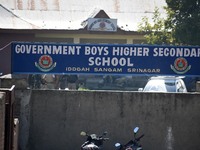 SRINAGAR, KASHMIR, INDIA-OCTOBER 07: The main entrance of a school where two teachers were shot dead by gunmen including Principal Satinder...