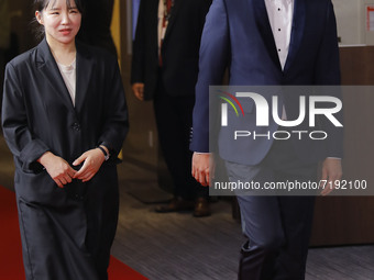 Director Yoon Danbi and Royston Tan attends the 15th Asian Film Awards during the 26th Busan International Film Festival at Paradise Hotel o...