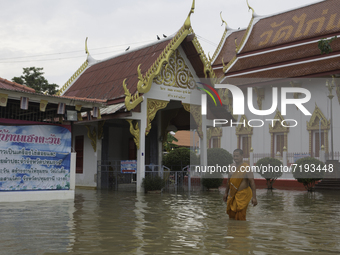 Oct 8, 2021, Monks walk through the flood waters to examine the depths of the water that overflows from the Chao Phraya River. (