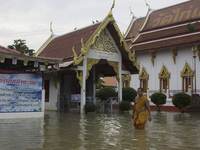Oct 8, 2021, Monks walk through the flood waters to examine the depths of the water that overflows from the Chao Phraya River. (