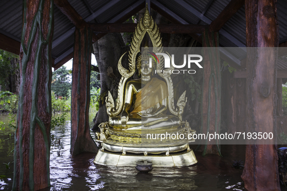 Oct 8, 2021, Buddha images in the temple grounds were flooded due to monsoons and rain for a week. 