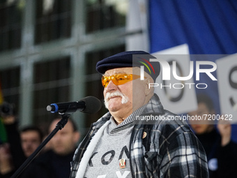 Lech Walesa speaking to the crowd with EU and Polish flags are seen in Gdansk, Poland on 10 October 2021 People take to the streets around a...