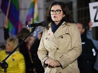 Mayor of Gdansk Aleksandra Dulkiewicz speaking to the crowd with EU and Polish flags are seen in Gdansk, Poland on 10 October 2021 People ta...