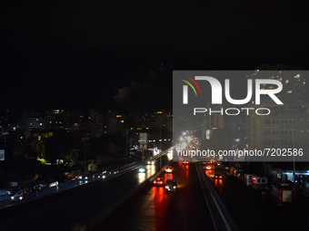 A view of the city during power cuts due to the fuel shortage and problems in the supply of fuel in Beirut, Lebanon on October 10, 2021.  (