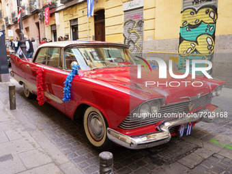 A vintage car of the Plymouths brand is seen displayed during the presentation La Pequena Cuba en Madrid, a recreation of the street of Cuba...