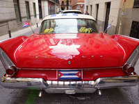 A vintage car of the Plymouths brand is seen displayed during the presentation La Pequena Cuba en Madrid, a recreation of the street of Cuba...