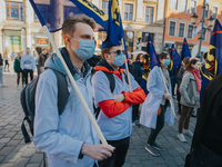 Medical students protest in Wroclaw, Poland, on October 9, 2021 demanding better pay and working conditions for doctors. (