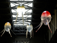 Helium-filled, rotor-propelled 'aerobes' forming artist Anicka Yi's 'In Love With The World' float around the Turbine Hall of the Tate Moder...