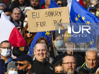 Thousands attend 'We're staying in EU' demonstration at the Main Square in Krakow, Poland on October 10, 2021. The pro-EU demonstrations wer...