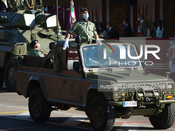 Soldiers during the military parade on The National Holiday In Madrid, October 12, 2021, in Madrid, Spain. The improvement of the health sit...