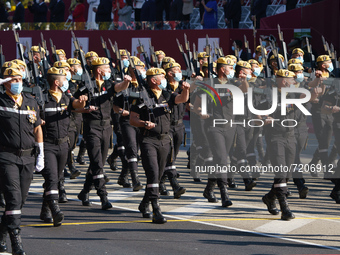 Soldiers during the military parade on The National Holiday In Madrid, October 12, 2021, in Madrid, Spain. The improvement of the health sit...