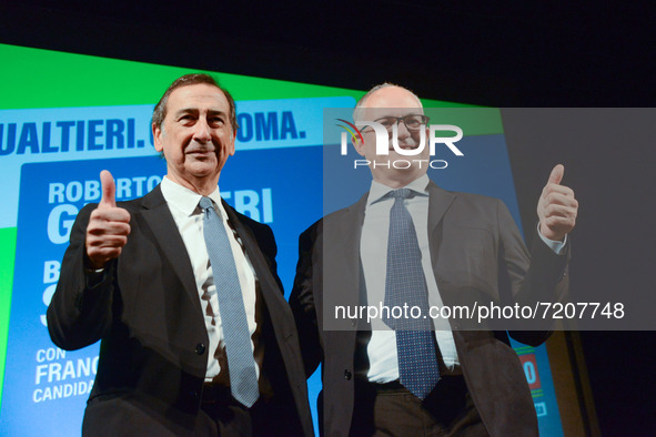 Beppe Sala (L) Roberto Gualtieri (R) during the News The mayor of Milan, Beppe Sala, meets the candidate for president of the second municip...
