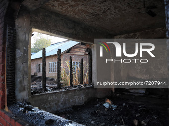 Damaged residential house where a gun battle took place between Indian forces and Kashmiri militants in Tulran village of Pulwama district s...