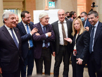 Frome left to right: Antonio Tajani, Lorenzo Cesa, Matteo Salvini, Vittorio Sgarbi, Enrico Michetti, Giorgia Meloni, Maurizio Lupi. during t...