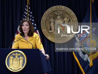 Governor Kathy Hochul encourages people to get vaccinated for Covid-19 and the flu during a press conference in Midtown Manhattan on October...