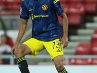 Zidane Iqbal of Manchester United in action during the EFL Trophy match between Sunderland and Manchester United at the Stadium Of Light, Su...