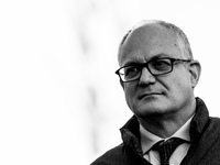 (EDITOR'S NOTE: Image was converted to black and white)  Rome mayoral candidate Roberto Gualtieri of the centre left meets the workers of th...