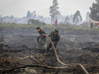 An Indonesian military spray water on forest burned area at Rimbo Panjang Village, Kampar,  Riau, Indonesia, at August 06. 2015. During Indo...