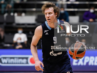 Dmitry Kulagin of Zenit in action during the EuroLeague Basketball match between Zenit St. Petersburg and FC Bayern Munich on October 14, 20...