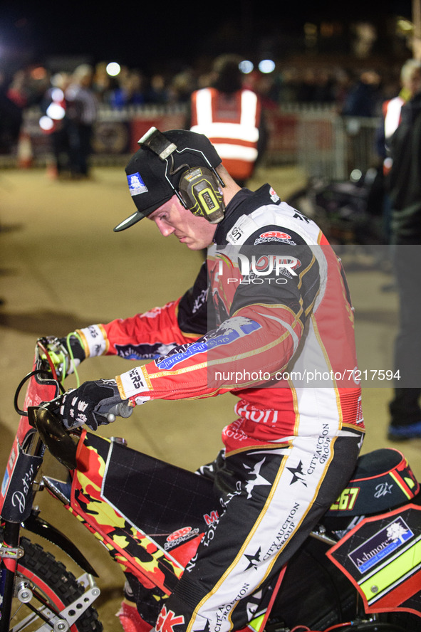 
Michael Palm Toft  checks his machine during the SGB Premiership Grand Final 2nd leg between Peterborough and Belle Vue Aces at East of Eng...