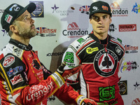 
Scott Nicholls (left) does the coin toss for gate positions with Steve Worrall   during the SGB Premiership Grand Final 2nd leg between Pet...