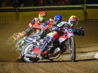 
Richie Worrall (Yellow) leads Craig Cook (Blue) and Michael Palm Toft  (Red) during the SGB Premiership Grand Final 2nd leg between Peterbo...