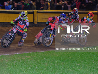 
Tom Brennan  (Yellow) leads Bjarne Pedersen  (Blue), Michael Palm Toft  (Red) and Richie Worrall  (White) during the SGB Premiership Grand...