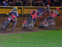 
Tom Brennan  (Yellow) leads Bjarne Pedersen  (Blue), Michael Palm Toft  (Red) and Richie Worrall  (White) during the SGB Premiership Grand...