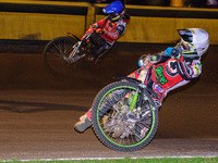 
Charles Wright  (White) inside Jordan Palin  (Blue) during the SGB Premiership Grand Final 2nd leg between Peterborough and Belle Vue Aces...