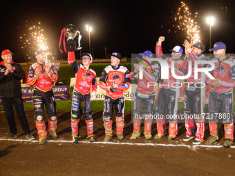 
Celebration time for the Peterborough Panthers during the SGB Premiership Grand Final 2nd leg between Peterborough and Belle Vue Aces at Ea...