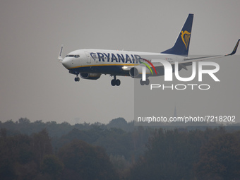 Ryanair Boeing 737-800 aircraft as seen flying, landing and taxiing at Eindhoven Airport EIN EHEH. The B738 jet airplane has the registratio...
