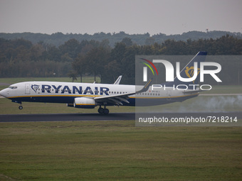 Ryanair Boeing 737-800 aircraft as seen flying, landing and taxiing at Eindhoven Airport EIN EHEH. The B738 jet airplane has the registratio...