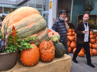 Men walk past a giant pumpkin displayed outside a supermarket during the Autumn season in Markham, Ontario, Canada, on October 15, 2021. (