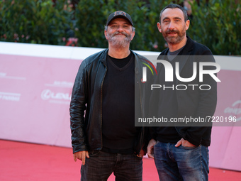 Marco Manetti and Antonio Manetti, aka Manetti Bros., attend the Manetti Bros red carpet during the 16th Rome Film Fest 2021 on October 15,...