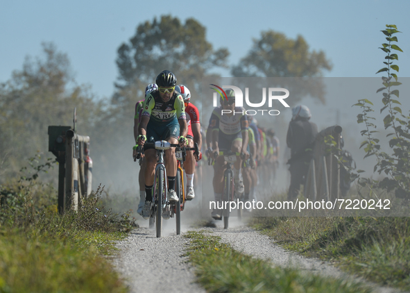 Davide Orrico of Italy and Vini Zabu' Team leads the pack during the Serenissima Gravel, the 132.1km bicycle pro gravel race from Lido di Je...