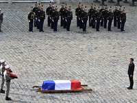 French President Emmanuel Macron pays tribute in front of the coffin of Hubert Germain - the last Liberation companion WW II - at The Hotel...