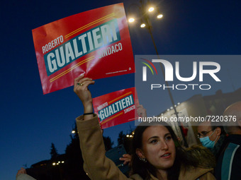 Banners and flags during the News Closing speech of the electoral campaign of the center-left candidate Roberto Gualtieri on October 15, 202...