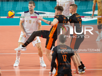 Piotr Nowakowski (Projekt),Tomasz Fornal (Jastrzebski),Lukasz Wisniewski (Jastrzebski) during the Volleyball Plus Liga match between Projekt...