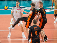 Piotr Nowakowski (Projekt),Tomasz Fornal (Jastrzebski),Lukasz Wisniewski (Jastrzebski) during the Volleyball Plus Liga match between Projekt...
