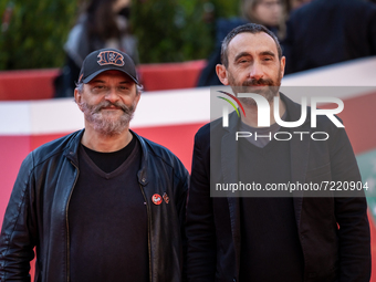 Marco Manetti and Antonio Manetti, aka Manetti Bros., attend the Manetti Bros red carpet during the 16th Rome Film Fest 2021 on October 15,...