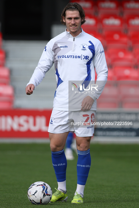 Reagan Ogle of Hartlepool United warms up during the Sky Bet League 2 match between Salford City and Hartlepool United at Moor Lane, Salford...