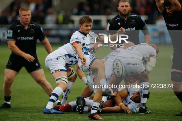 Harry Randall of Bristol Bears clears from the base during the Gallagher Premiership match between Newcastle Falcons and Bristol at Kingston...