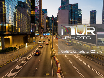 Traffic passes on Connaught Road, in Central Hong Kong. (