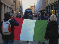 demonstrators marching with the Italian flag.
No Vax and No Green Pass protesters protested in Padua, Italy, on October 16, 2021 amid the co...