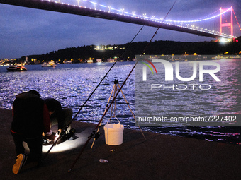 People fishing in the Rumeli Fortress in Istanbul, Turkey on Octaber 16, 2021. (