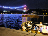 People traveling by boat in Rumeli Fortress in Istanbul, Turkey on Octaber 16, 2021. (
