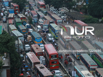 A traffic jam seen at Purana Paltan in Dhaka, Bangladesh on October 17, 2021.  (