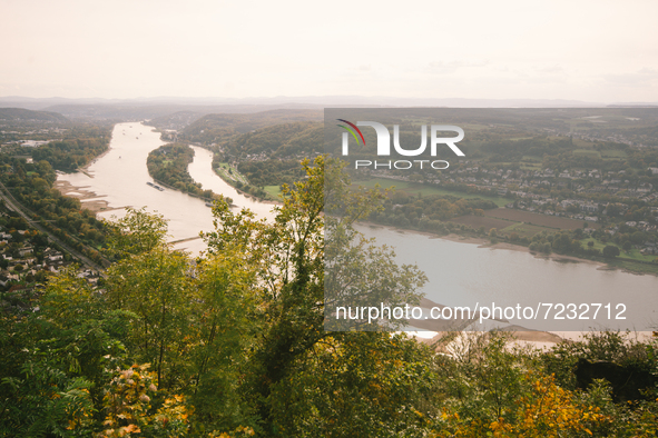 a general top of the view of Rhoendorf and rhine river from Siebengebirge nature park in Koenigswinter, Germany on Oct 17, 2021 