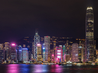 Hong Kong skyline at night, in Hong Kong, China, on October 17, 2021. (