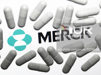 Merck & Co. logo displayed on a laptop screen and medical pills are seen in this illustration photo taken in Krakow, Poland on October 18, 2...